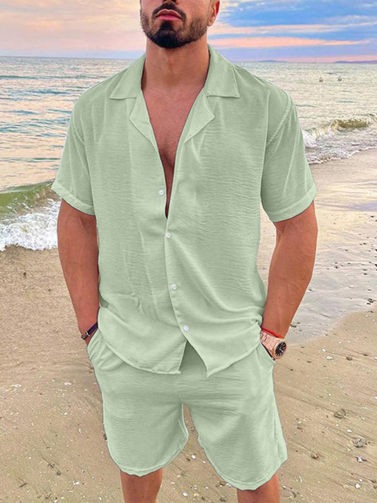 Men's Summer Lapel Cotton Linen Solid Color Short Sleeve Shorts Set - FashionistaDeal