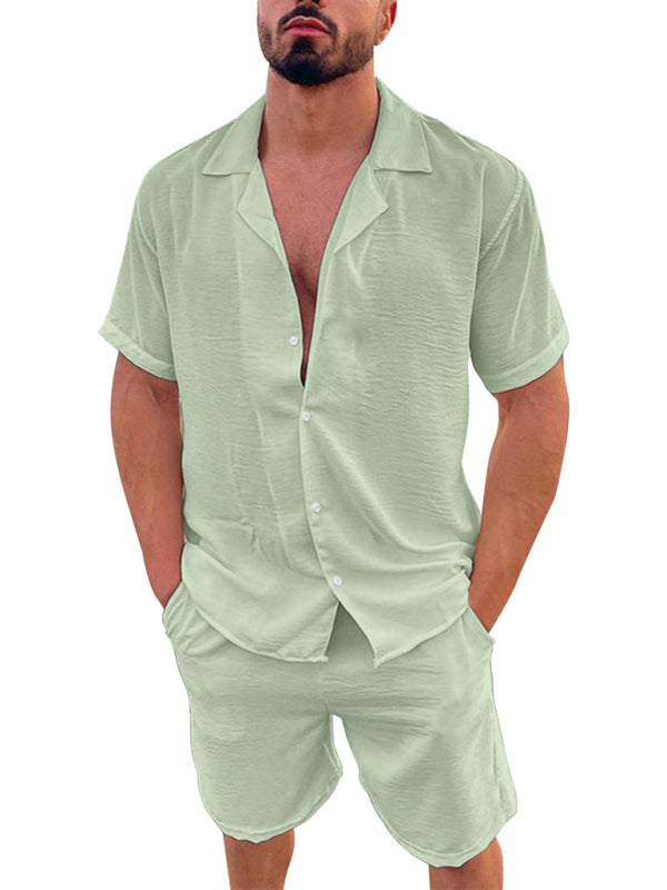 Men's Summer Lapel Cotton Linen Solid Color Short Sleeve Shorts Set - FashionistaDeal