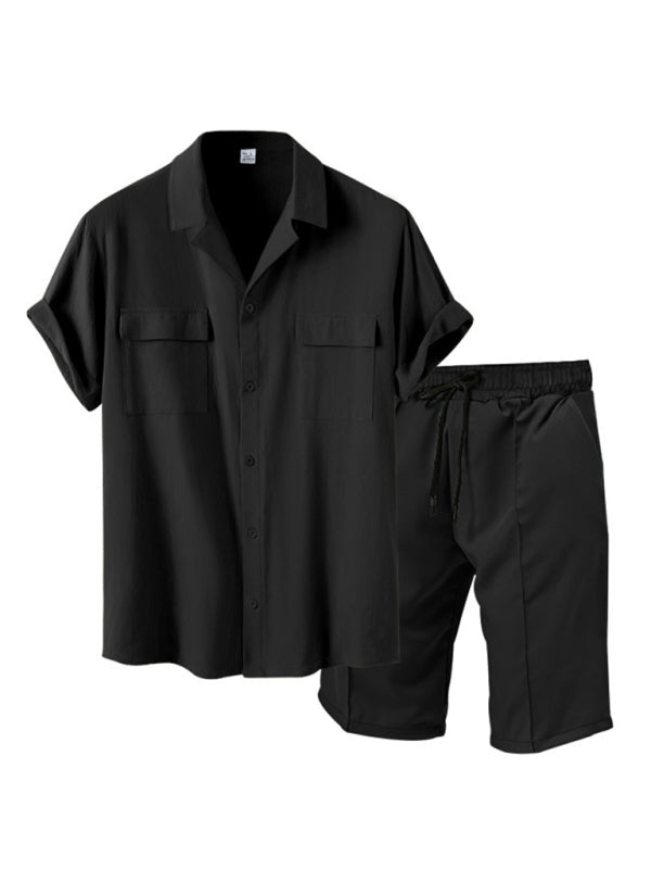 Men's lapel casual shirt shorts two-piece set