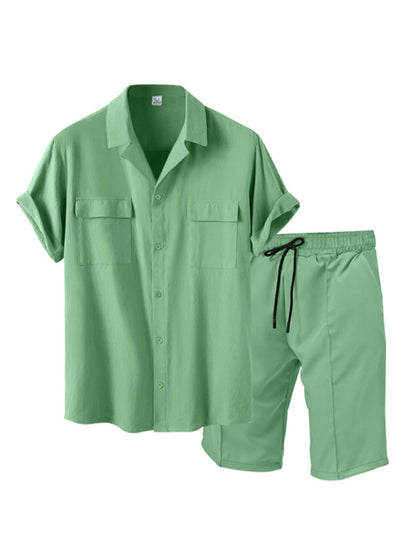 Men's lapel casual shirt shorts two-piece set