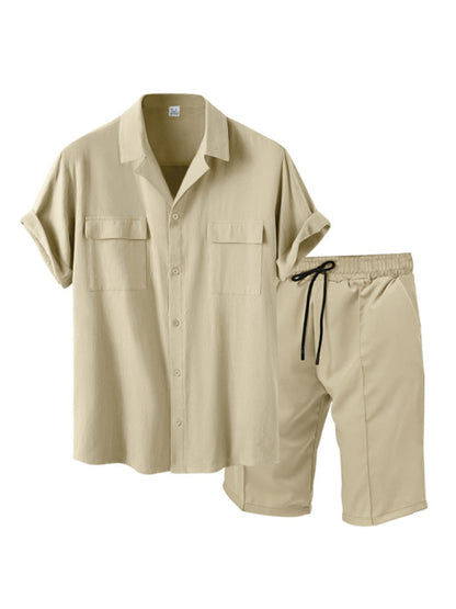 Men's lapel casual shirt shorts two-piece set