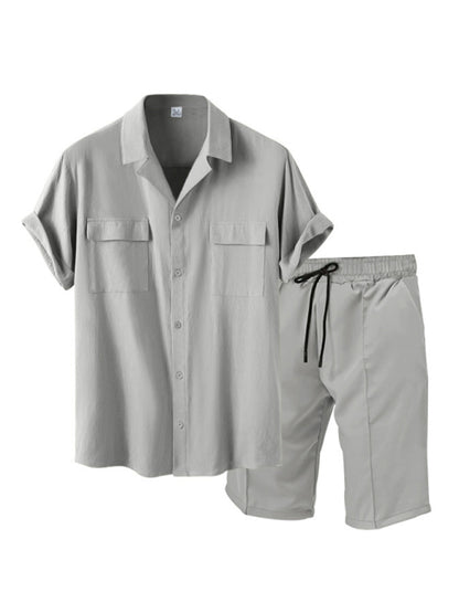 Men's lapel casual shirt shorts two-piece set