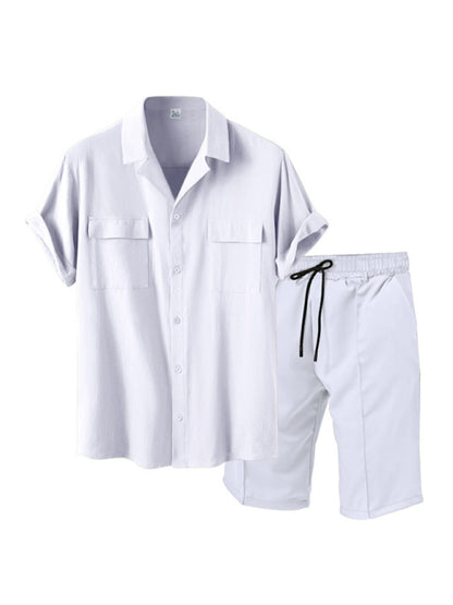 Men's lapel casual shirt shorts two-piece set