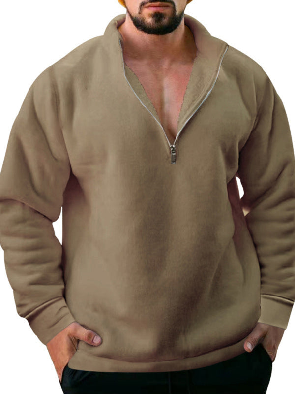 New men's fleece stand collar loose casual half zipper solid color hoodie - FashionistaDeal