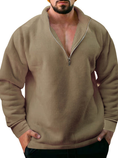 New men's fleece stand collar loose casual half zipper solid color hoodie - FashionistaDeal