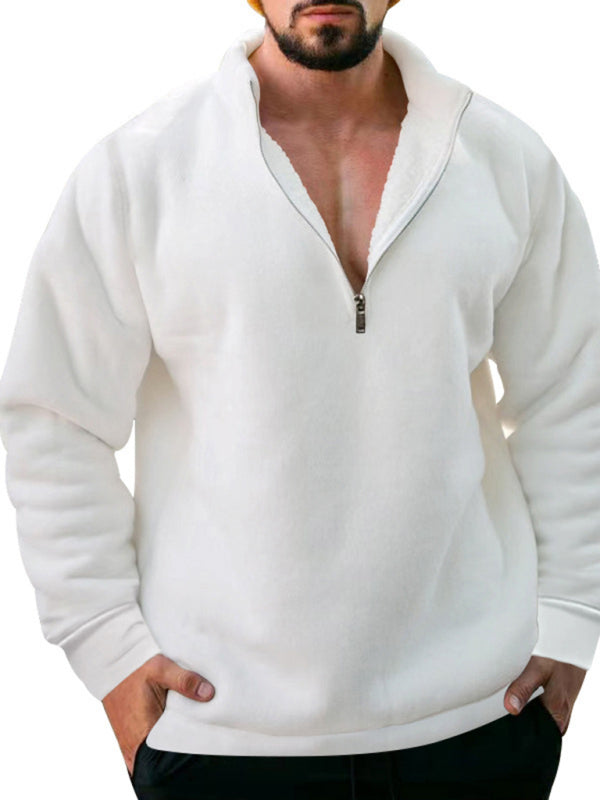 New men's fleece stand collar loose casual half zipper solid color hoodie - FashionistaDeal