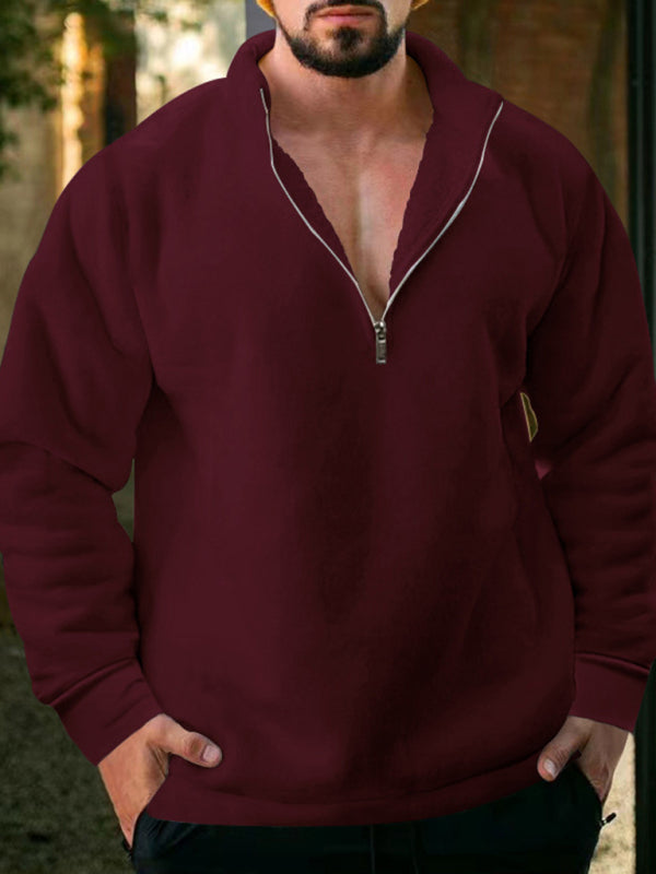 New men's fleece stand collar loose casual half zipper solid color hoodie - FashionistaDeal