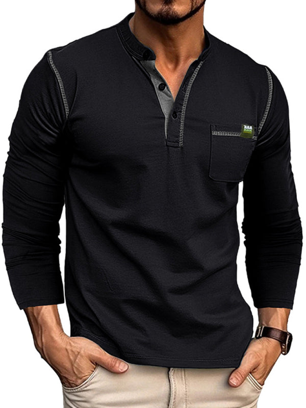 Men's Henley Color Block Knitted Long Sleeve T-Shirt - FashionistaDeal