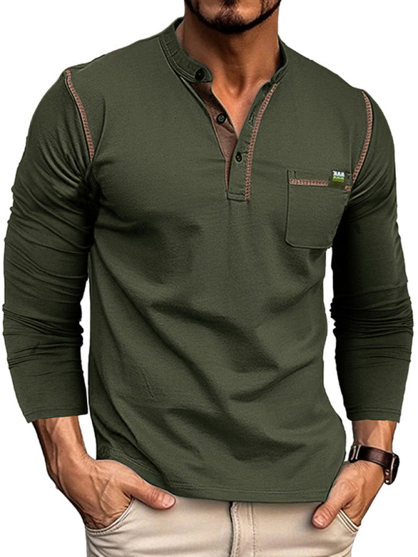 Men's Henley Color Block Knitted Long Sleeve T-Shirt - FashionistaDeal