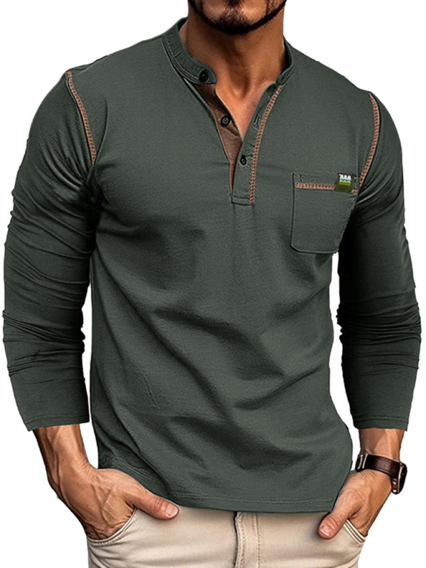 Men's Henley Color Block Knitted Long Sleeve T-Shirt - FashionistaDeal