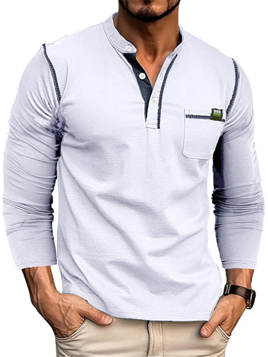 Men's Henley Color Block Knitted Long Sleeve T-Shirt - FashionistaDeal