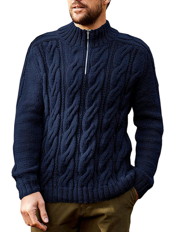 Men's new solid color zipper half turtleneck long sleeve sweater - FashionistaDeal