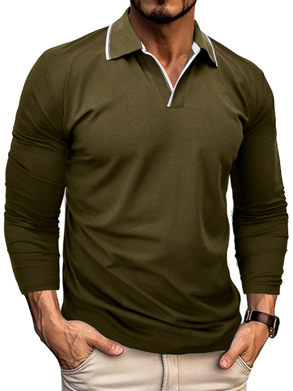 Men's new long-sleeved V-neck lapel contrasting color POLO shirt - FashionistaDeal