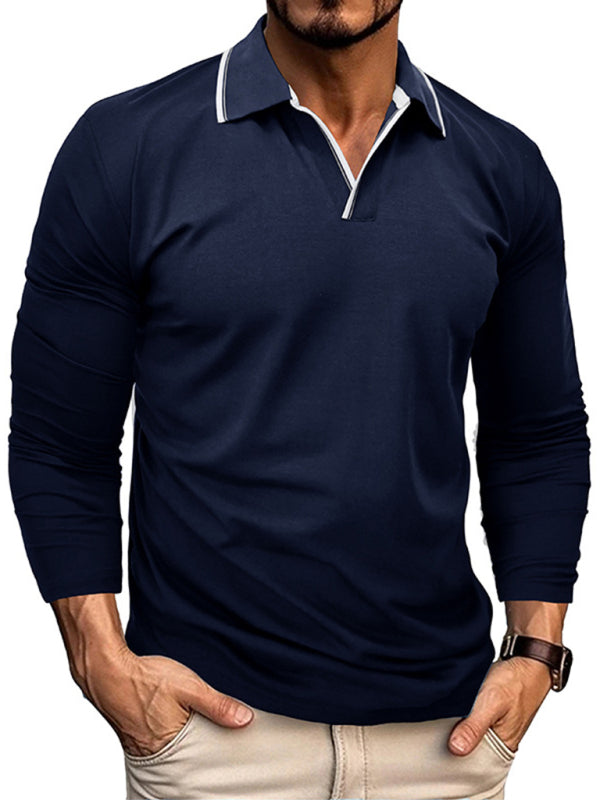 Men's new long-sleeved V-neck lapel contrasting color POLO shirt - FashionistaDeal