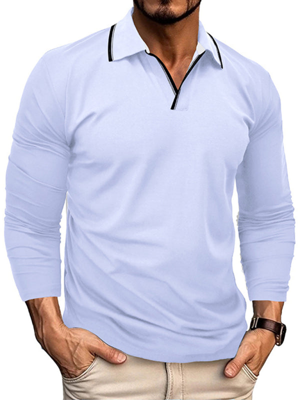 Men's new long-sleeved V-neck lapel contrasting color POLO shirt - FashionistaDeal