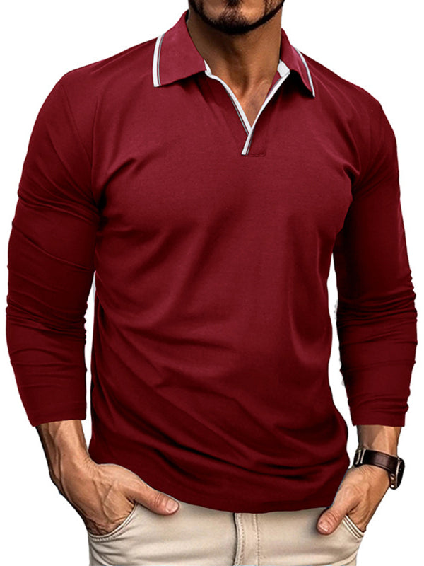 Men's new long-sleeved V-neck lapel contrasting color POLO shirt - FashionistaDeal