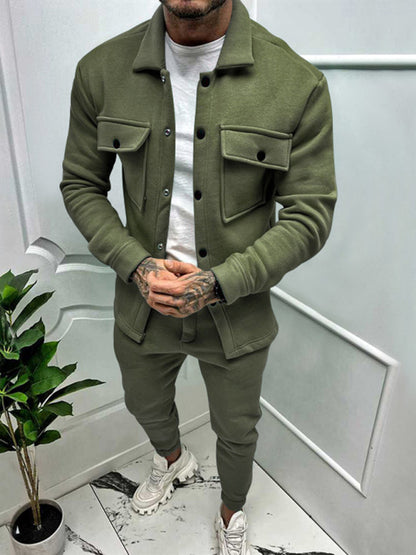 Men's new long-sleeved trousers single-breasted jacket solid color slim two-piece set - FashionistaDeal