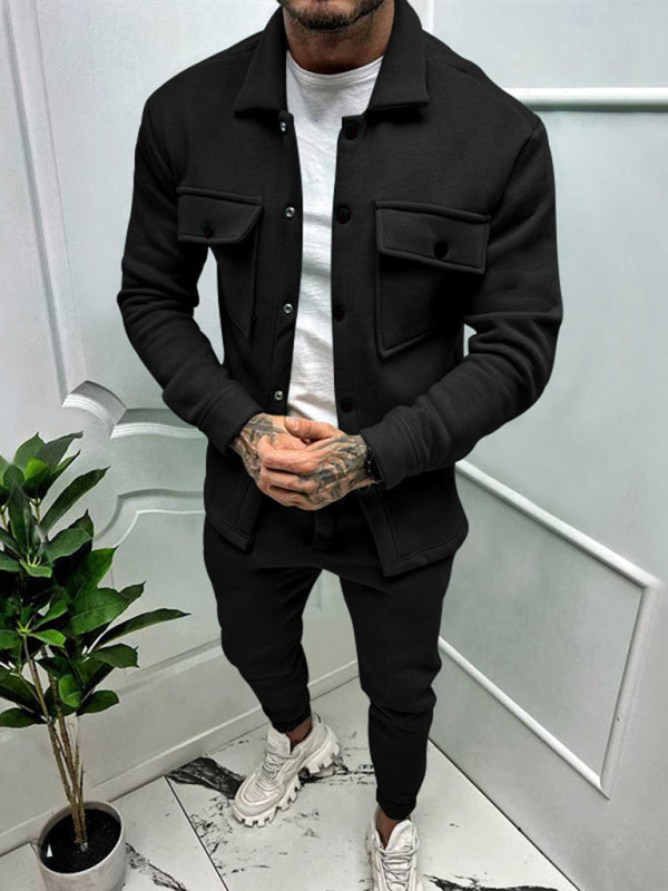 Men's new long-sleeved trousers single-breasted jacket solid color slim two-piece set - FashionistaDeal