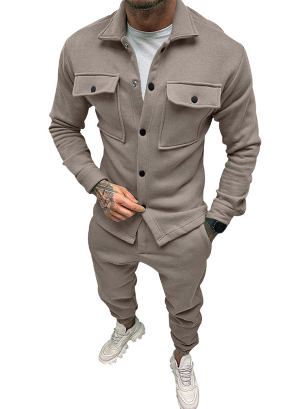 Men's new long-sleeved trousers single-breasted jacket solid color slim two-piece set - FashionistaDeal