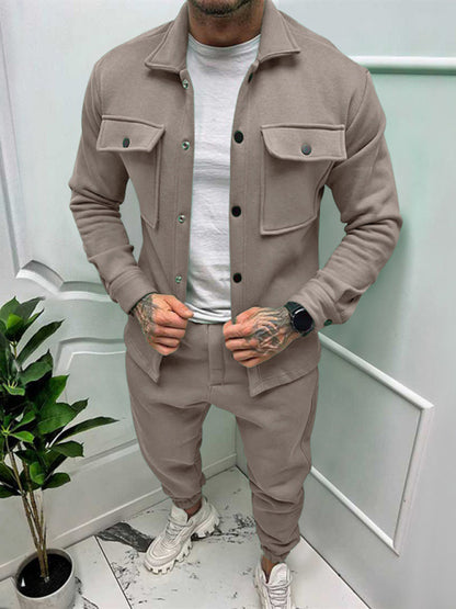 Men's new long-sleeved trousers single-breasted jacket solid color slim two-piece set - FashionistaDeal