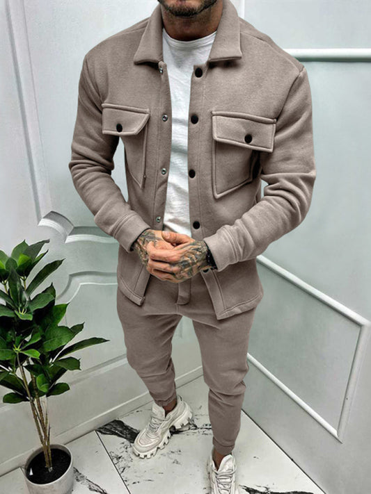 Men's new long-sleeved trousers single-breasted jacket solid color slim two-piece set - FashionistaDeal