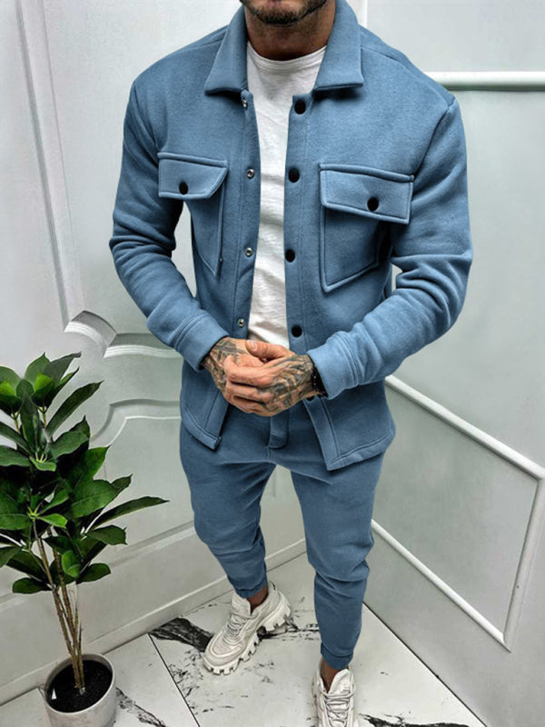 Men's new long-sleeved trousers single-breasted jacket solid color slim two-piece set - FashionistaDeal