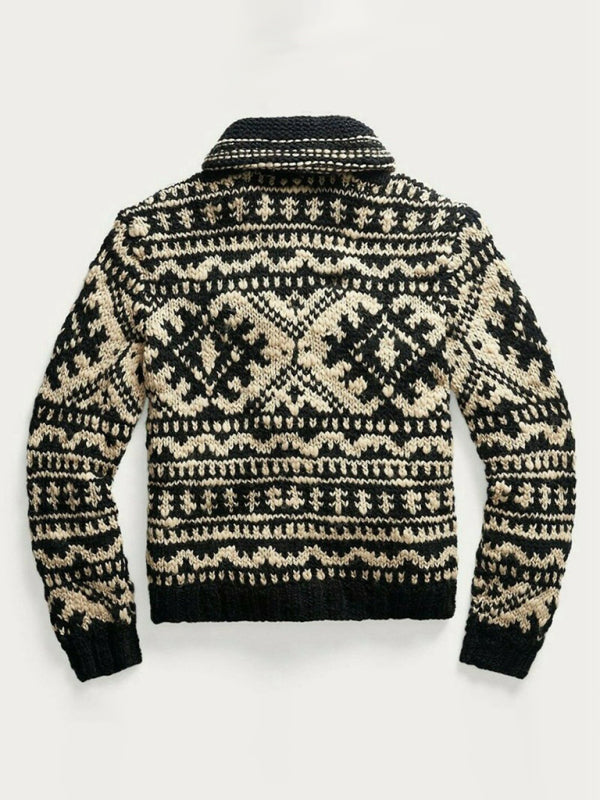 Men's Jacquard Knit Jacket Lapel Long Sleeve Sweater - FashionistaDeal