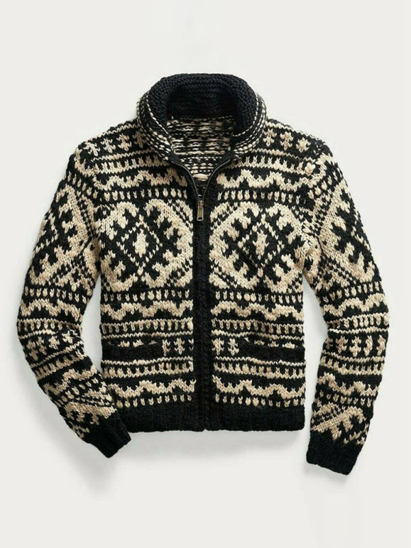 Men's Jacquard Knit Jacket Lapel Long Sleeve Sweater - FashionistaDeal