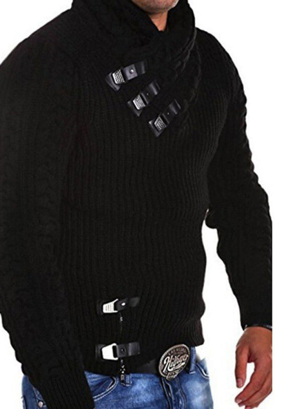 New men's sweater long sleeve leather button sweater top pullover sweater - FashionistaDeal