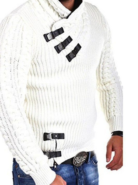 New men's sweater long sleeve leather button sweater top pullover sweater - FashionistaDeal