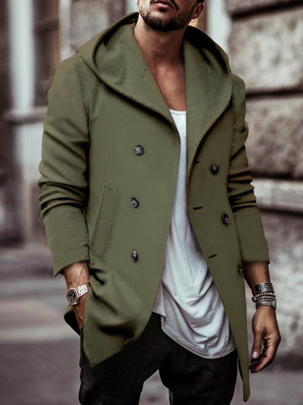 Men's mid-length lapel hooded double-breasted casual trench coat - FashionistaDeal