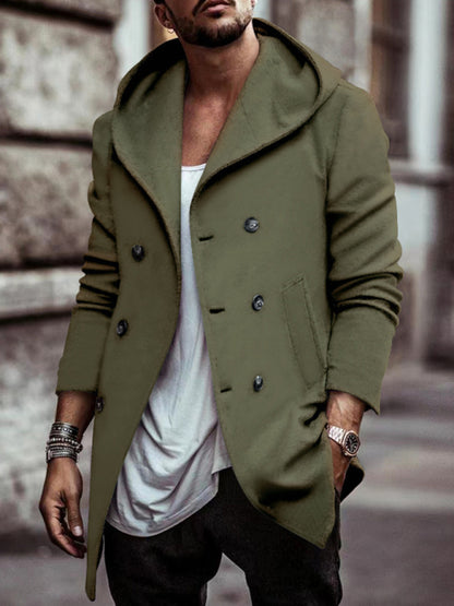 Men's mid-length lapel hooded double-breasted casual trench coat - FashionistaDeal