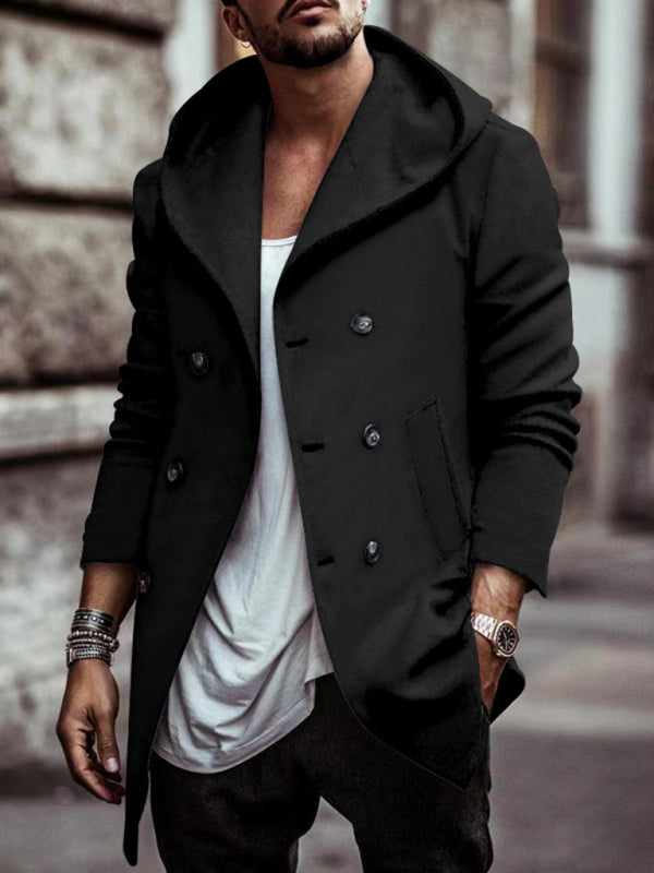 Men's mid-length lapel hooded double-breasted casual trench coat - FashionistaDeal