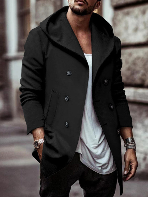 Men's mid-length lapel hooded double-breasted casual trench coat - FashionistaDeal