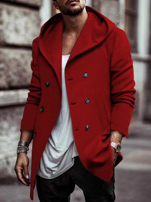 Men's mid-length lapel hooded double-breasted casual trench coat - FashionistaDeal