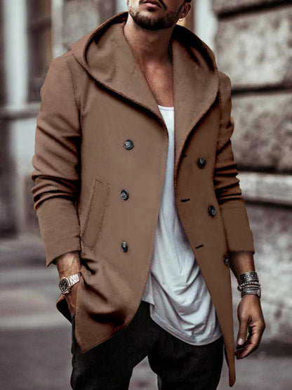 Men's mid-length lapel hooded double-breasted casual trench coat - FashionistaDeal