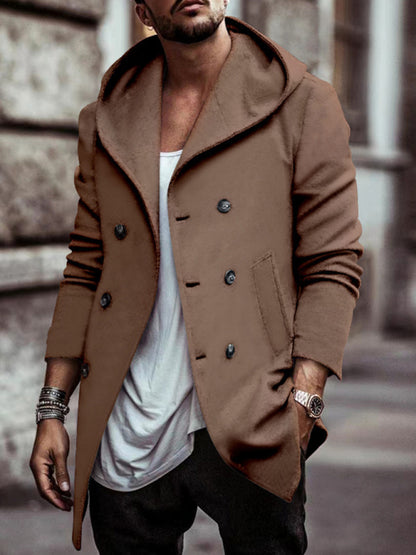 Men's mid-length lapel hooded double-breasted casual trench coat - FashionistaDeal