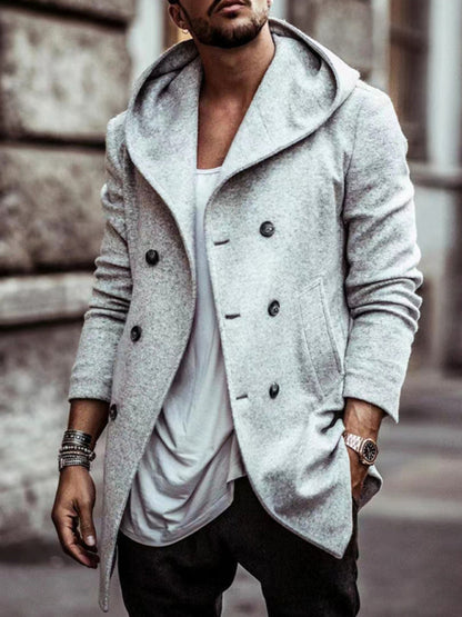 Men's mid-length lapel hooded double-breasted casual trench coat - FashionistaDeal