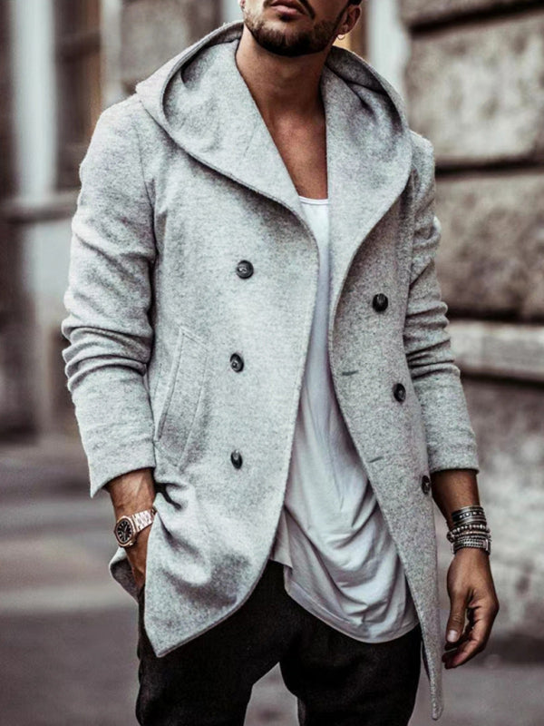 Men's mid-length lapel hooded double-breasted casual trench coat - FashionistaDeal