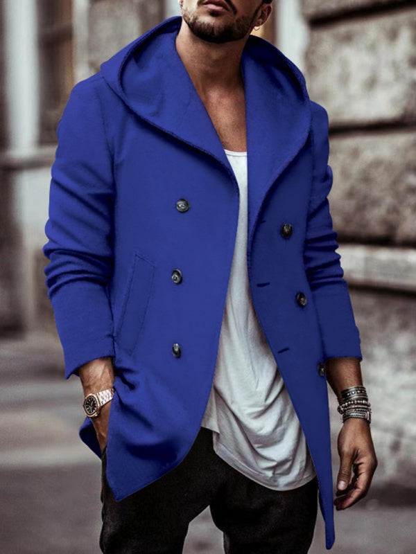 Men's mid-length lapel hooded double-breasted casual trench coat - FashionistaDeal