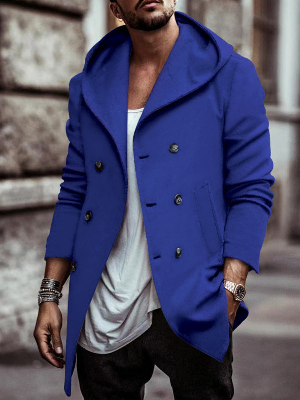 Men's mid-length lapel hooded double-breasted casual trench coat - FashionistaDeal