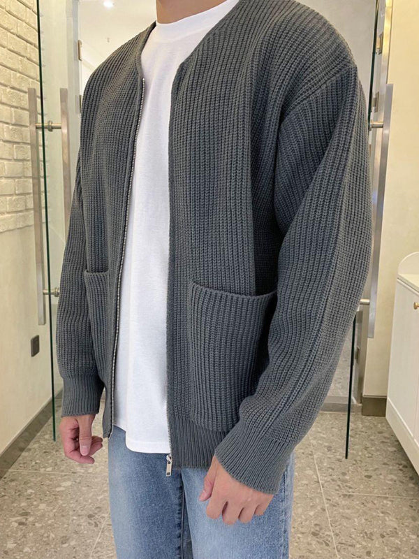 Men's solid color loose casual lazy style knitted sweater cardigan - FashionistaDeal