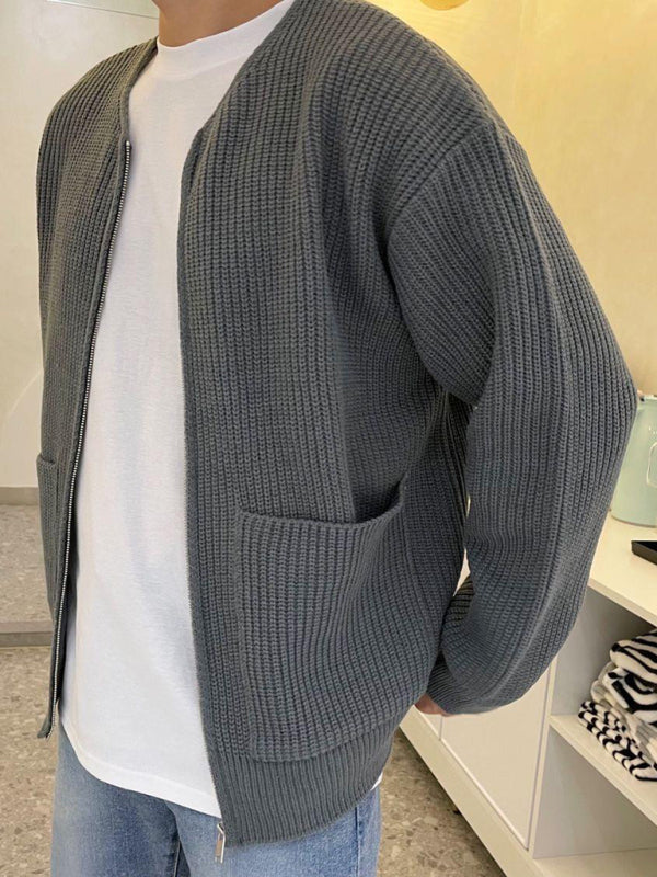 Men's solid color loose casual lazy style knitted sweater cardigan - FashionistaDeal