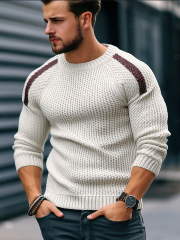 Men's Casual Fashion Shoulder Contrast Color Long Sleeve Knitted Sweater - FashionistaDeal