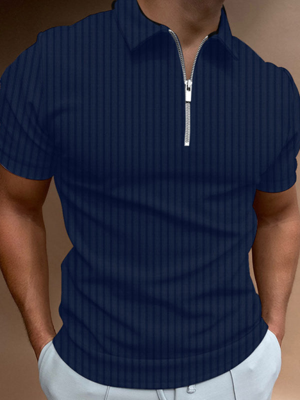 Men's new zipper striped short-sleeved lapel casual polo shirt - FashionistaDeal