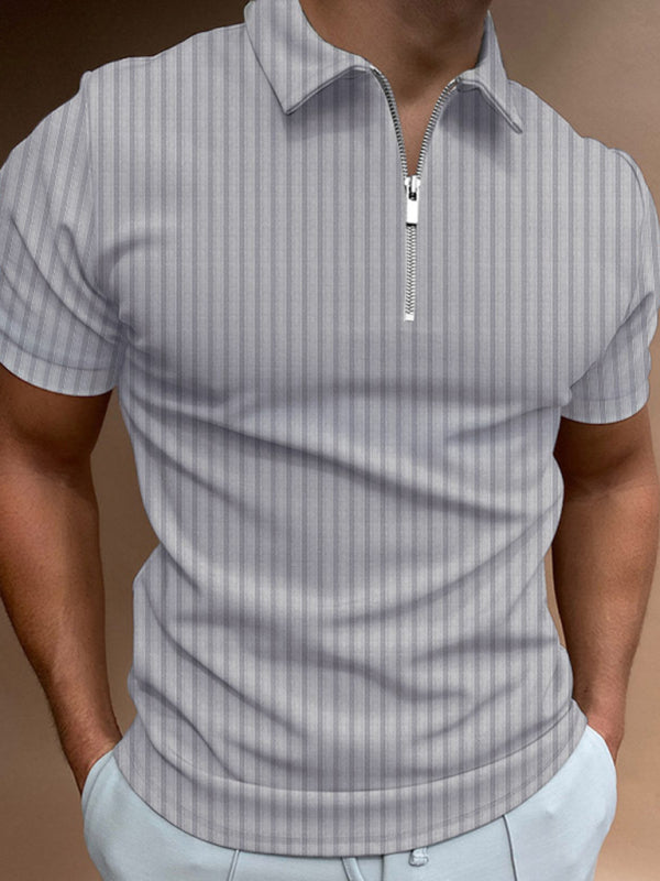 Men's new zipper striped short-sleeved lapel casual polo shirt - FashionistaDeal