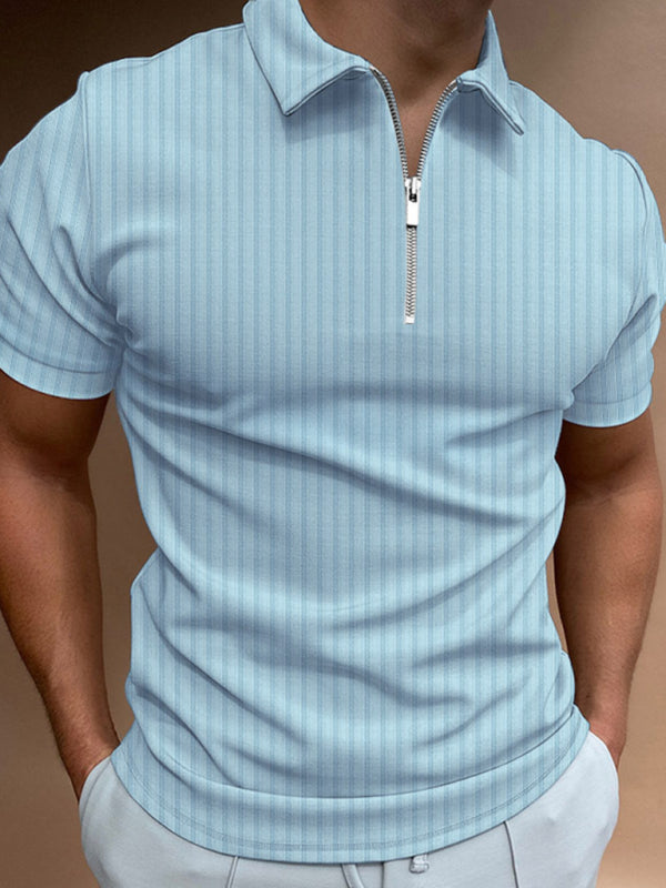 Men's new zipper striped short-sleeved lapel casual polo shirt - FashionistaDeal