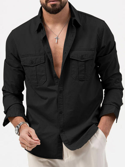 Men's multi-pocket casual long-sleeved shirt top - FashionistaDeal