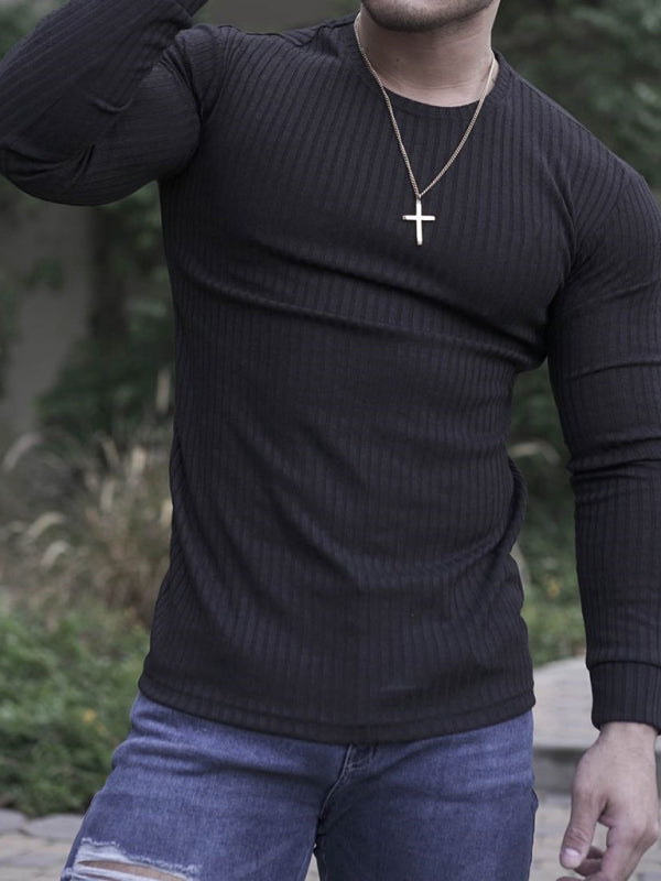 Fitness casual elastic vertical stripe round neck long-sleeved T-shirt - FashionistaDeal