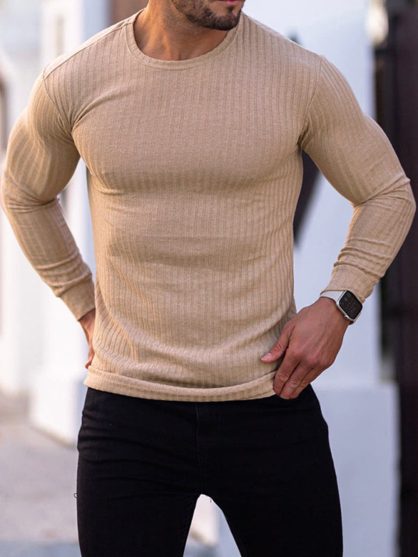 Fitness casual elastic vertical stripe round neck long-sleeved T-shirt - FashionistaDeal